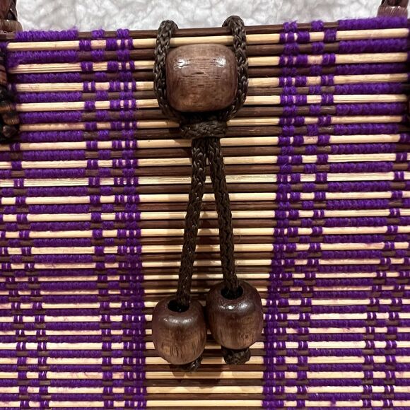 Rattan Woven Purple  Purse Handbag w/ Handmade Beaded Closure & Braided Handles - Picture 10 of 16
